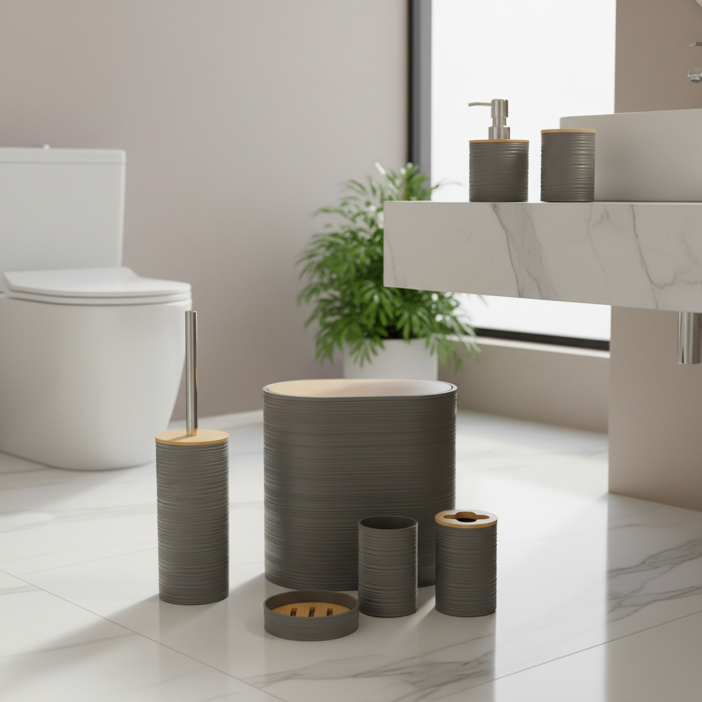 Gray Fine Lines Bathroom Accessories Set – 6 Pieces