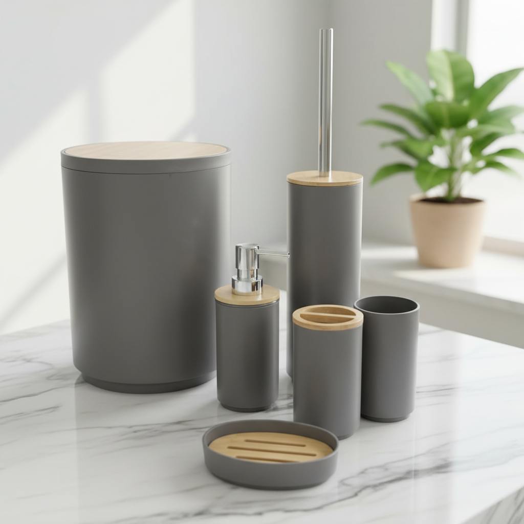 Gray Round & Bamboo Bathroom Accessories Set