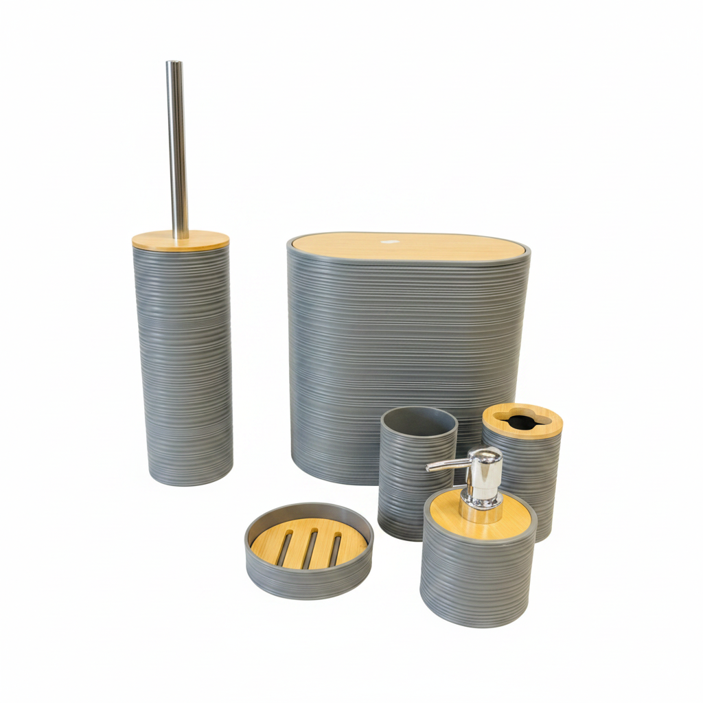 Gray Fine Lines Bathroom Accessories Set – 6 Pieces