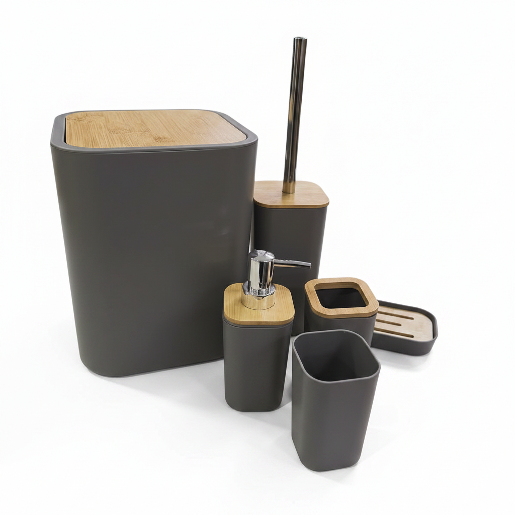 Gray & Bamboo Bathroom Accessories Set