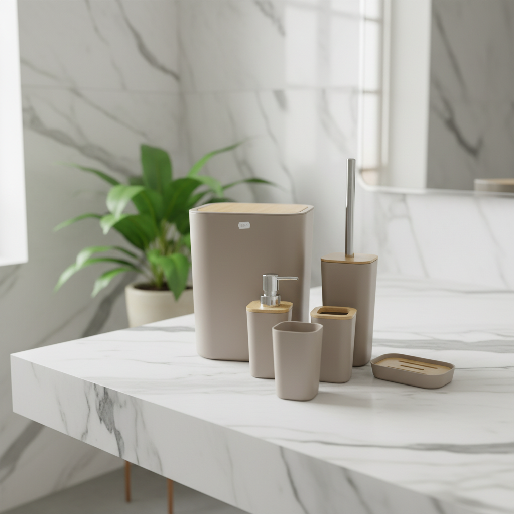 Beige & Bamboo Bathroom Accessories Set