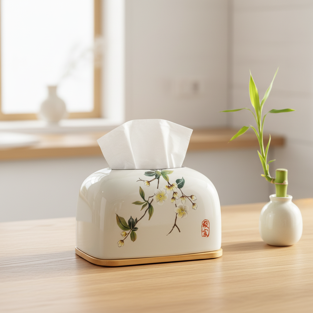Japanese Blossom Ceramic Tissue Box with Bamboo Base