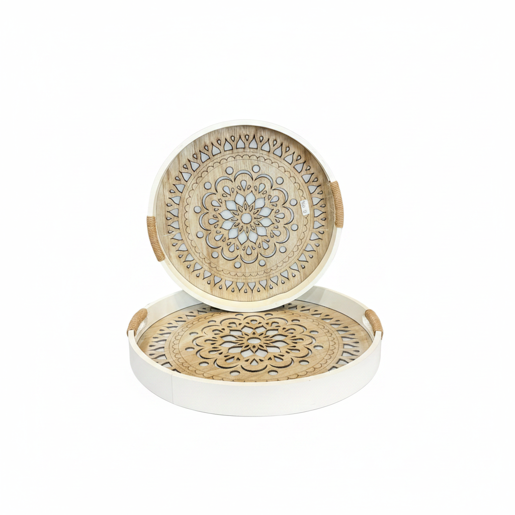 Round Wood & Glass Tray Set