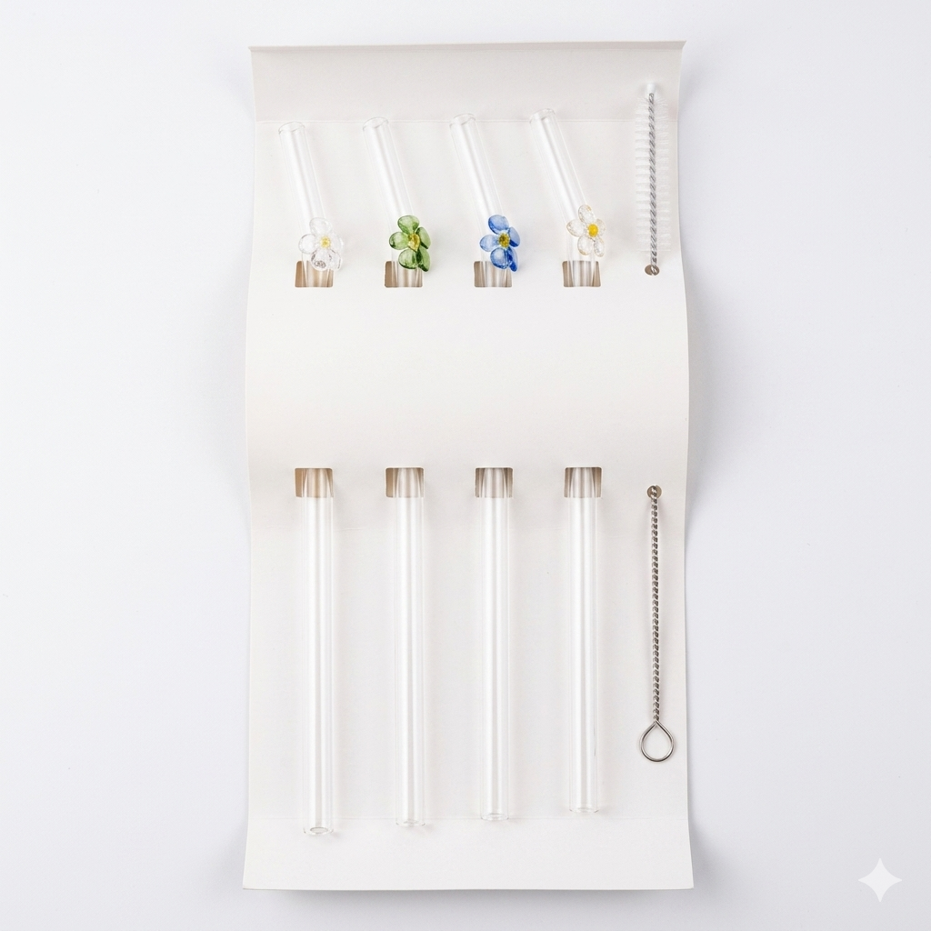 Floral Glass Straws Set 4-Piece with Cleaning Brush