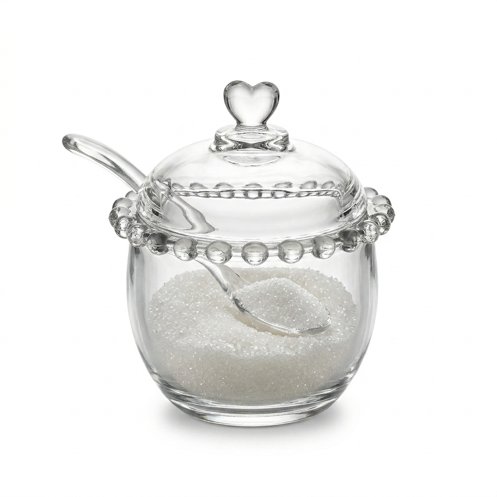 Glass Sugar Bowl with Heart Lid & Spoon