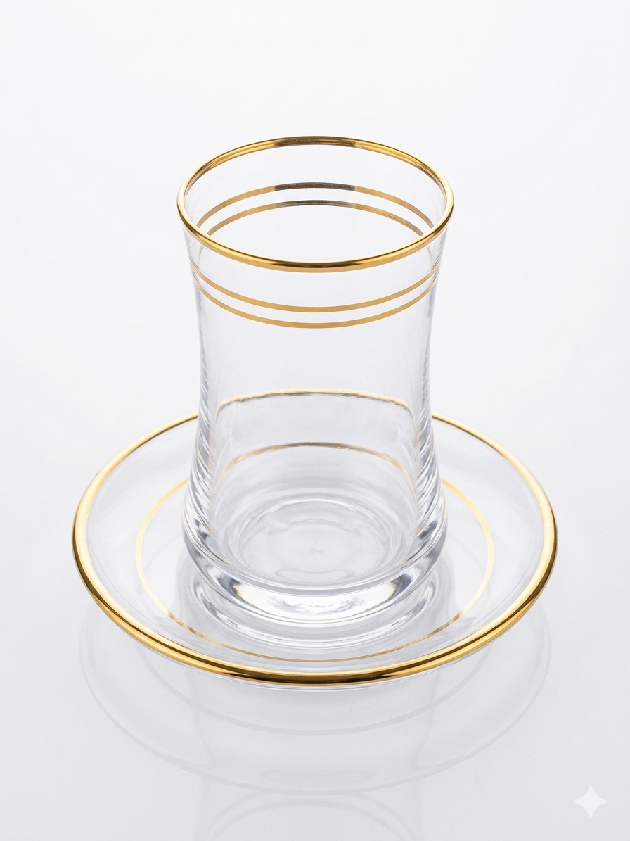 Gold Rim Tea Glass Set - 6 Pieces with Saucers