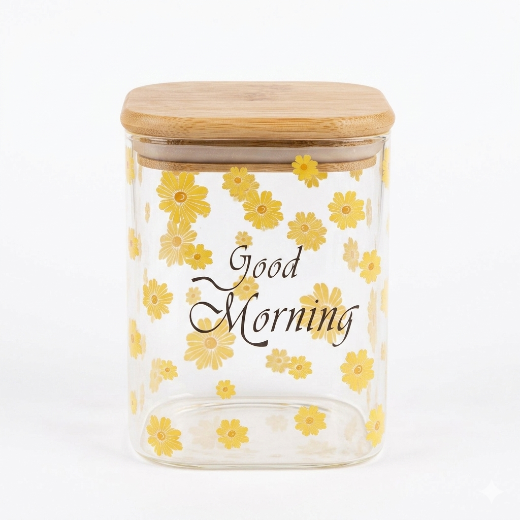 Good Morning Square Glass Storage Jar