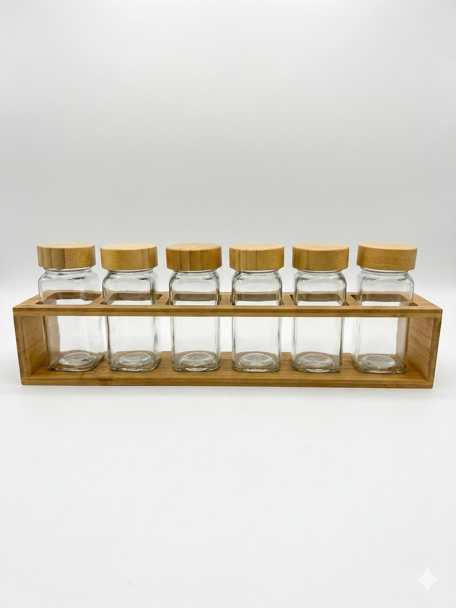 Glass Spice Jars Set with Bamboo Rack - 6 Pieces