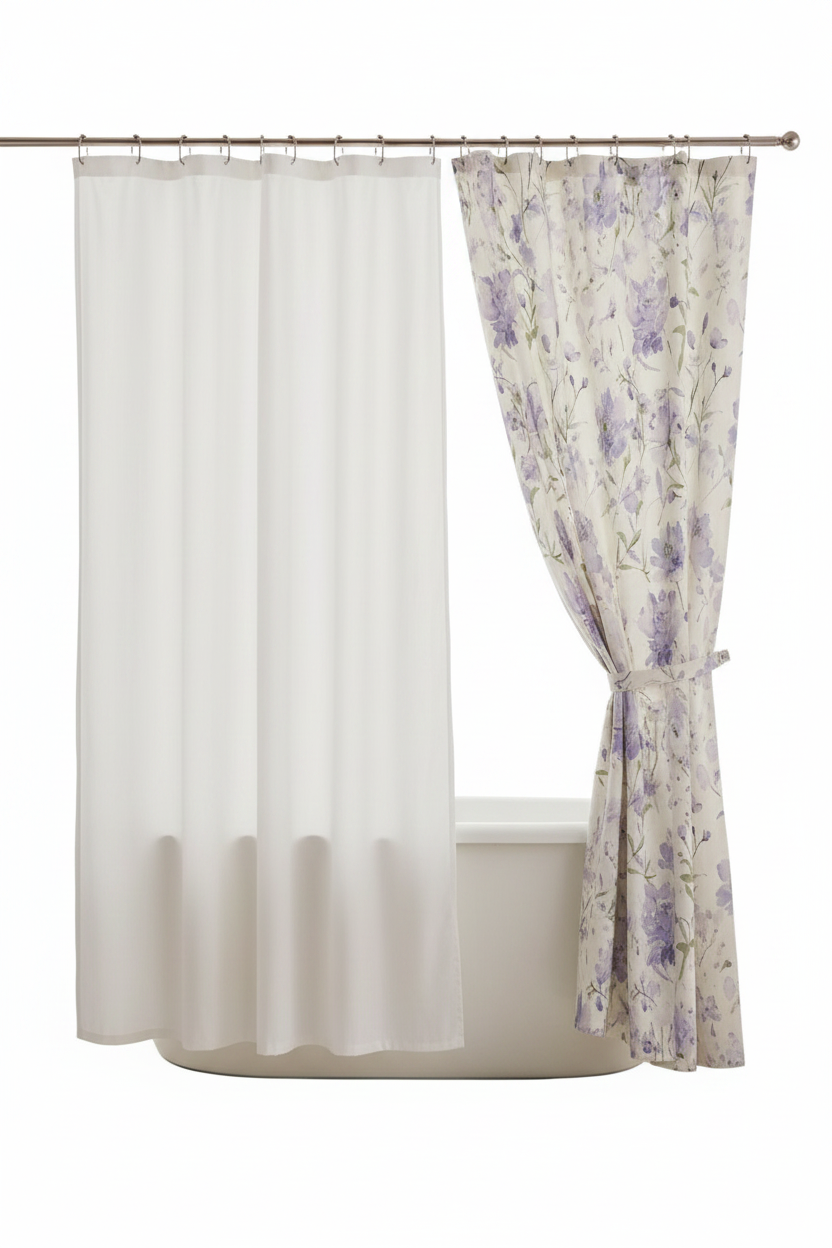 Lavender Curtain Pulled to Side with White Liner