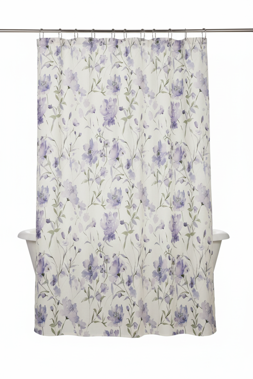 Lavender Floral Shower Curtain – Hanging White Background