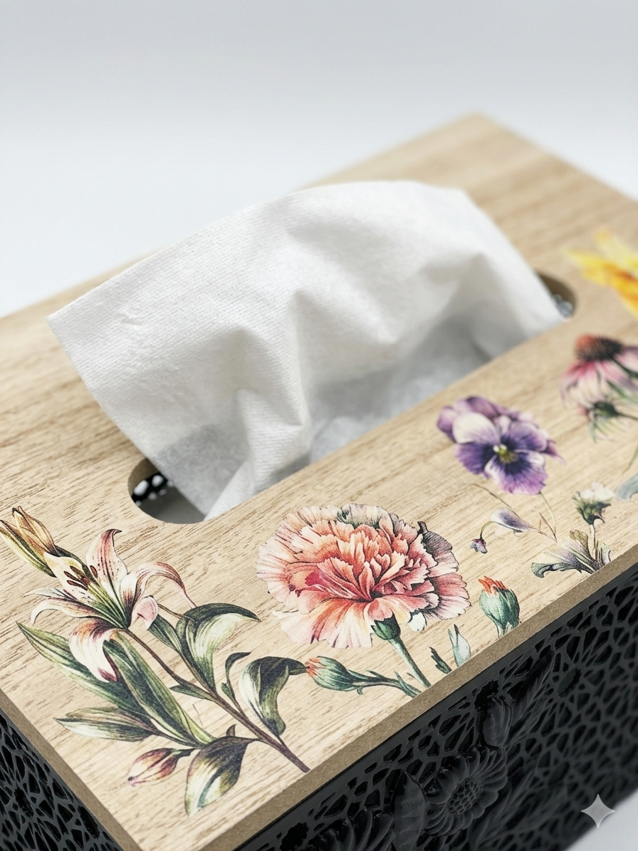 Floral Tissue Box – Wood & Metal