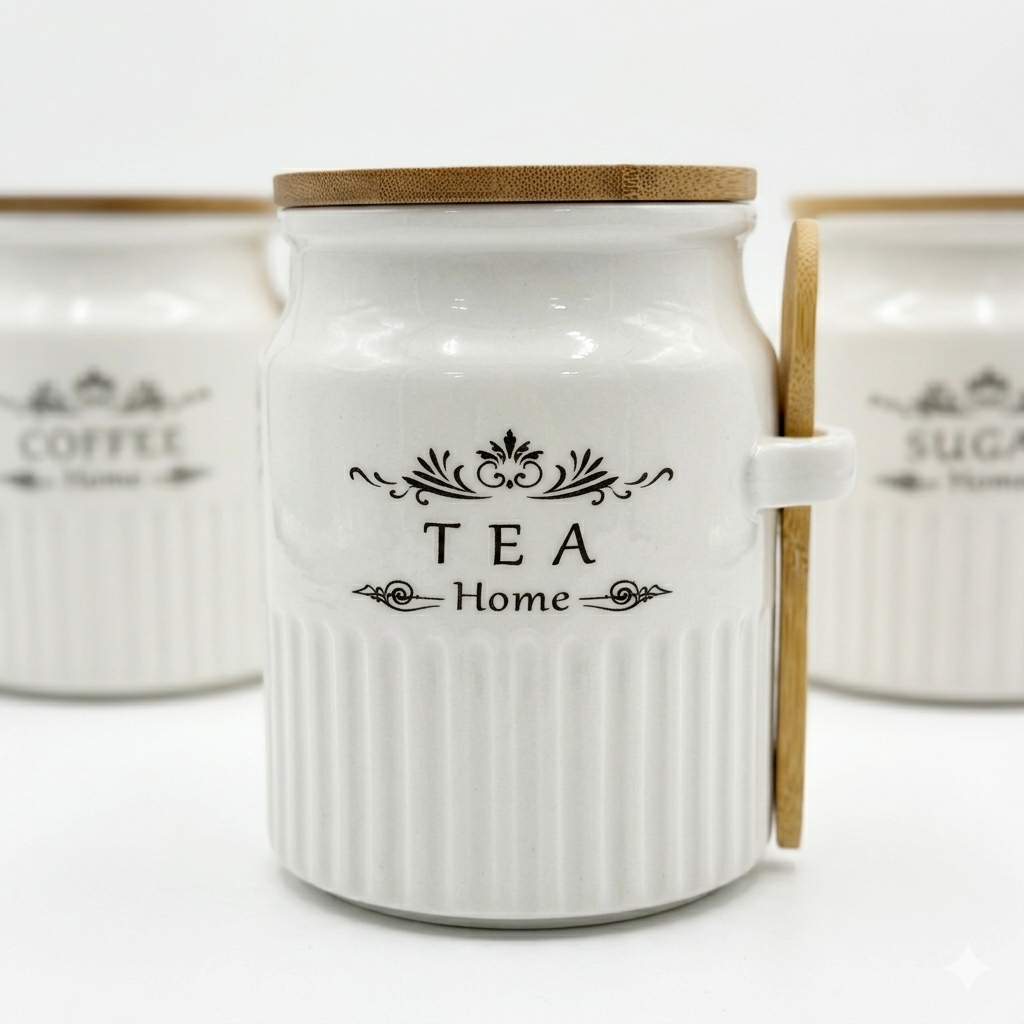 Tea Coffee Sugar Ceramic Canister Set with Bamboo Lids