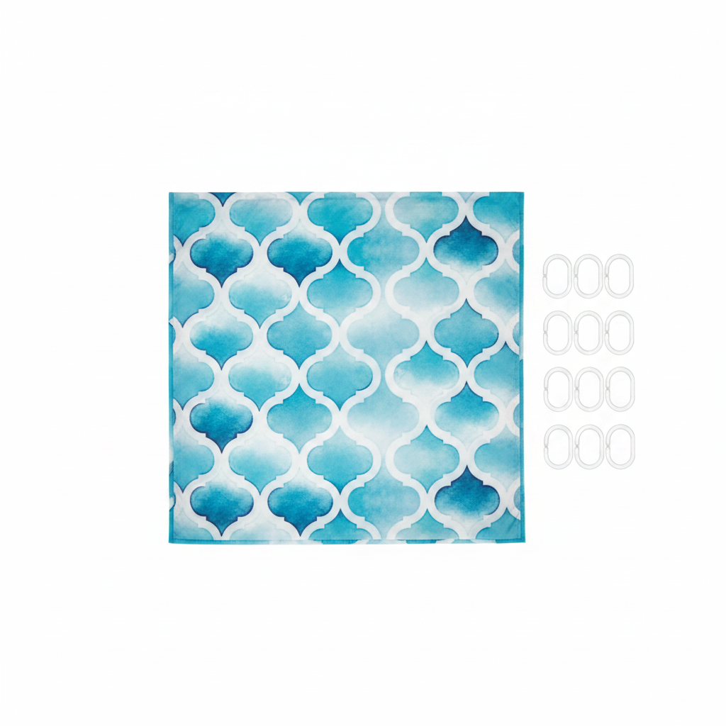 Moroccan Blue Shower Curtain Set - White Background