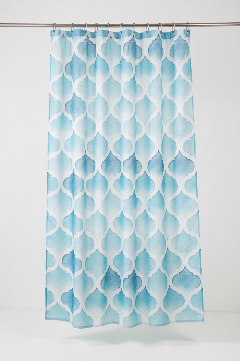 Moroccan Quatrefoil Blue Shower Curtain – Hanging