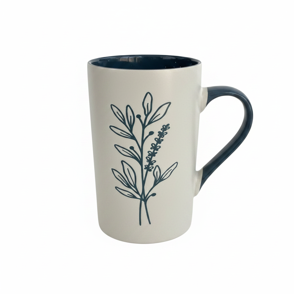 Navy Botanical Ceramic Mug – White Background