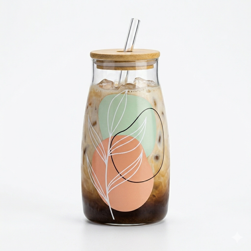 Boho Glass Bottle with Bamboo Lid & Straw 700ml