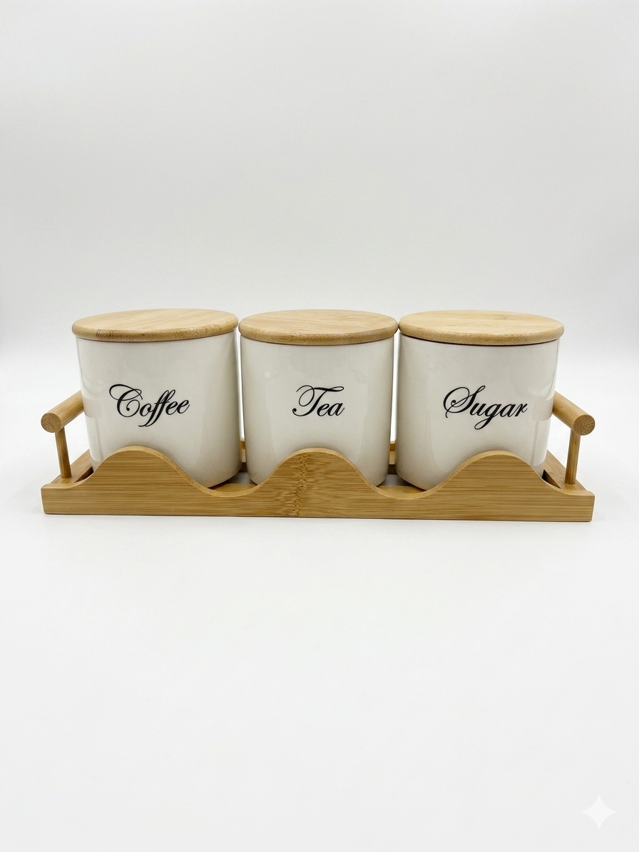 Ceramic Canister Set with Bamboo Tray - Coffee, Tea & Sugar