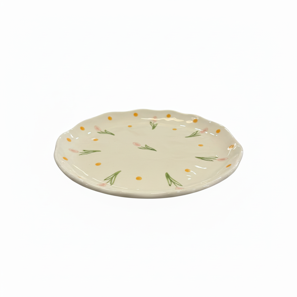 Orange Dots Pink Daisy Plate - Front View