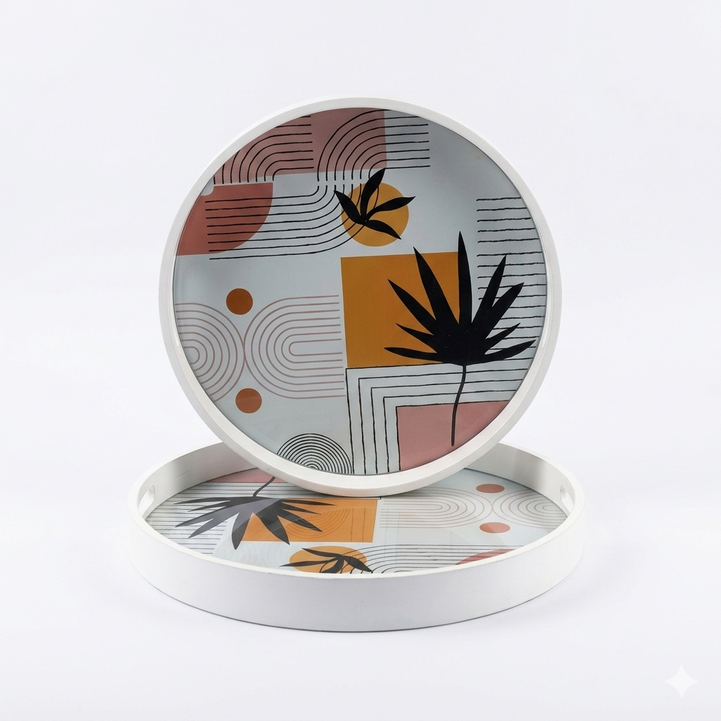Round Wood Boho Geometric Tray Set