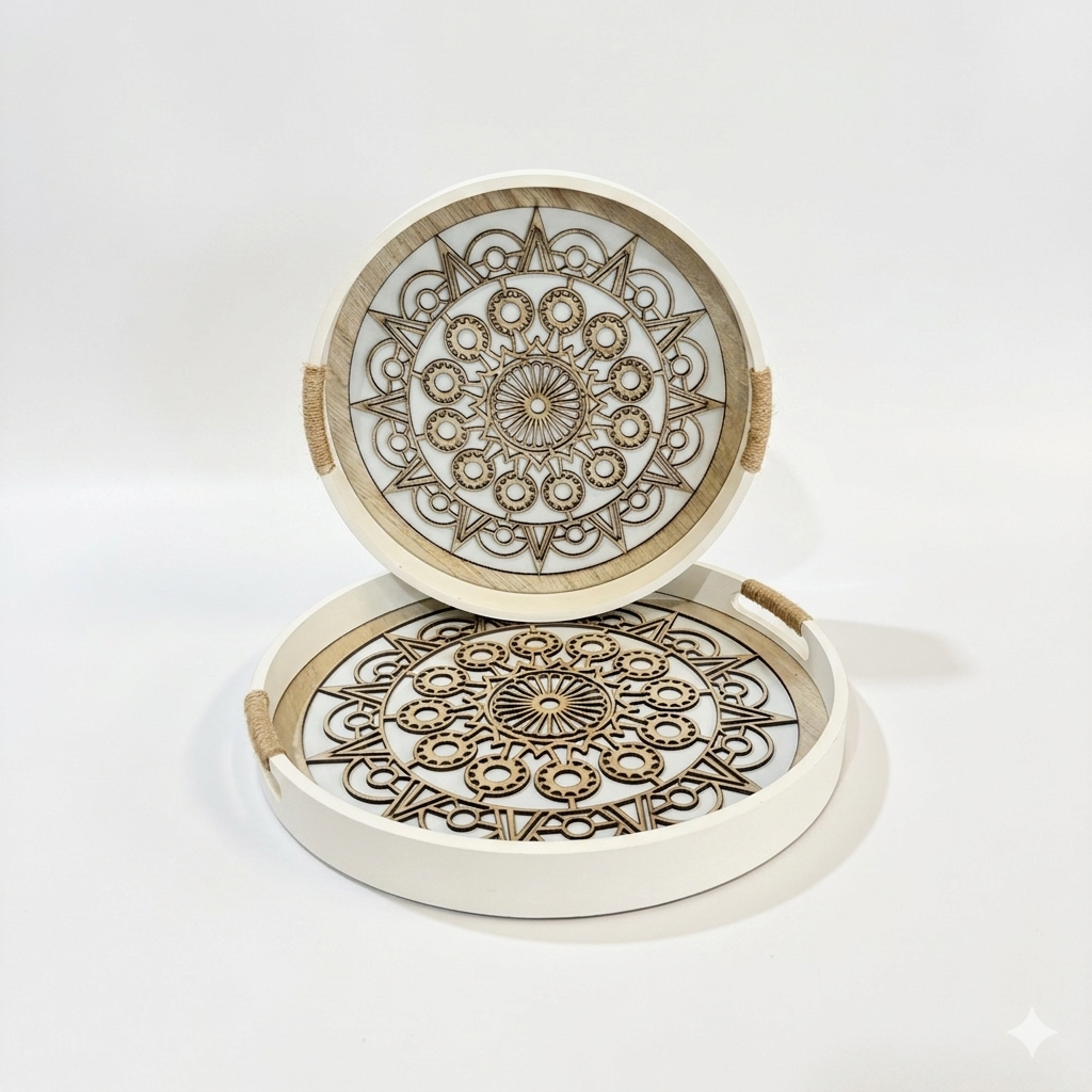 Round Wood Mandala Cutout Tray Set