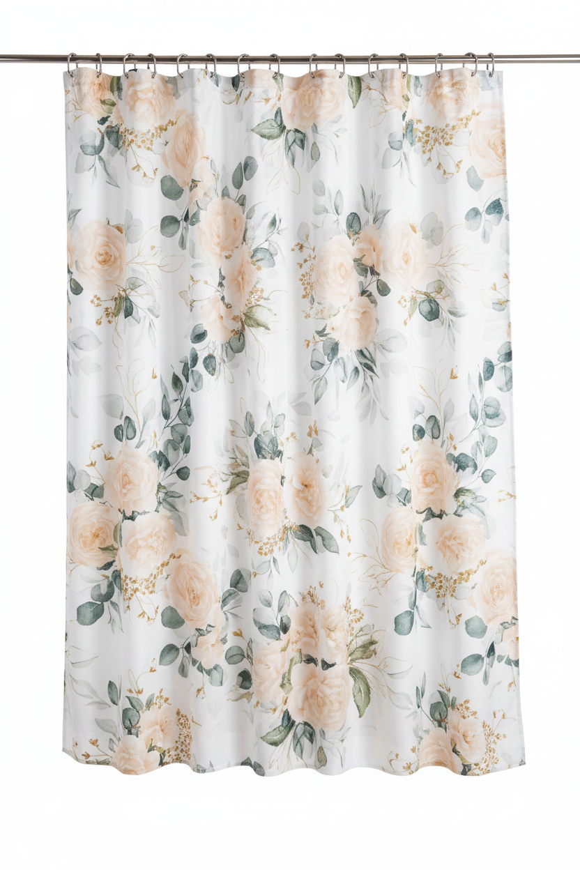 Peach Floral Shower Curtain – Hanging