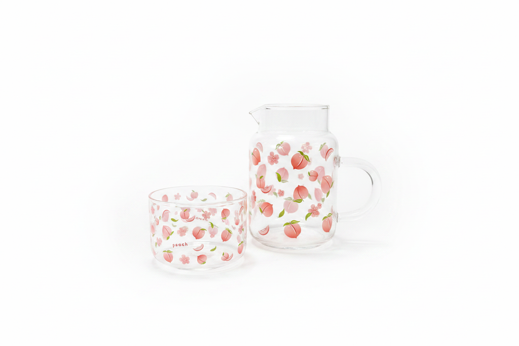 Peach Pitcher and Bowl - White Background