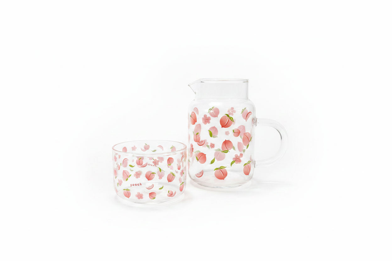 Peach Pitcher and Bowl - White Background