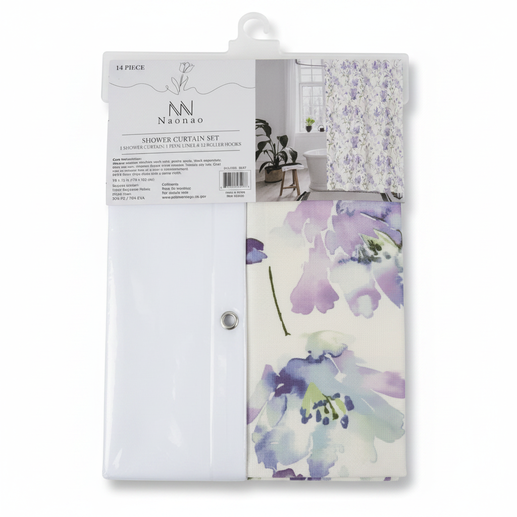 Purple Floral Shower Curtain - Original Packaging White Background