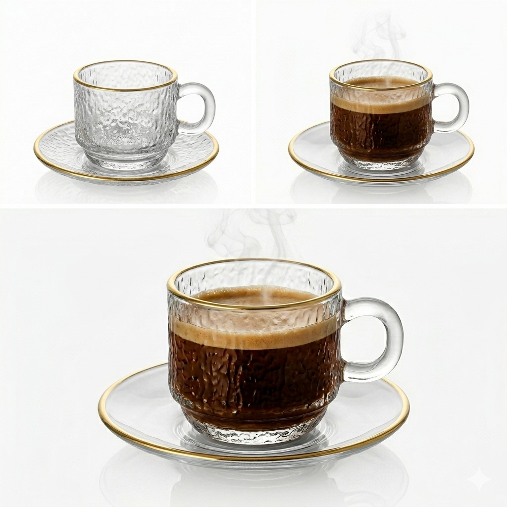 Gold Rim Glass Espresso Cup with Saucer – Set of 6
