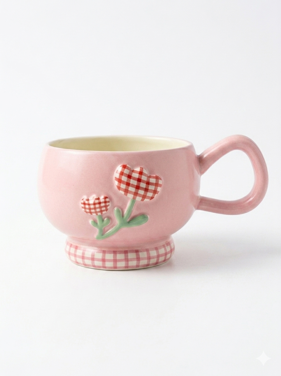 Gingham Flower Ceramic Mug