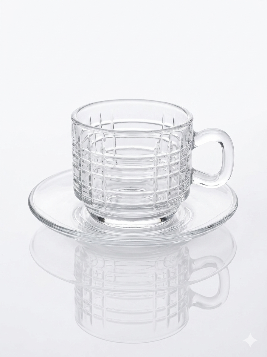 Crystal Glass Tea Cup Set with Saucer – 6 Pieces