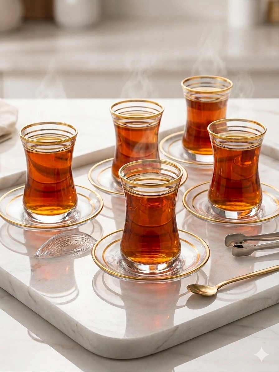 Gold Rim Tea Glass Set - 6 Pieces with Saucers