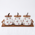 Cherry Ceramic Canister Set with Wooden Tray