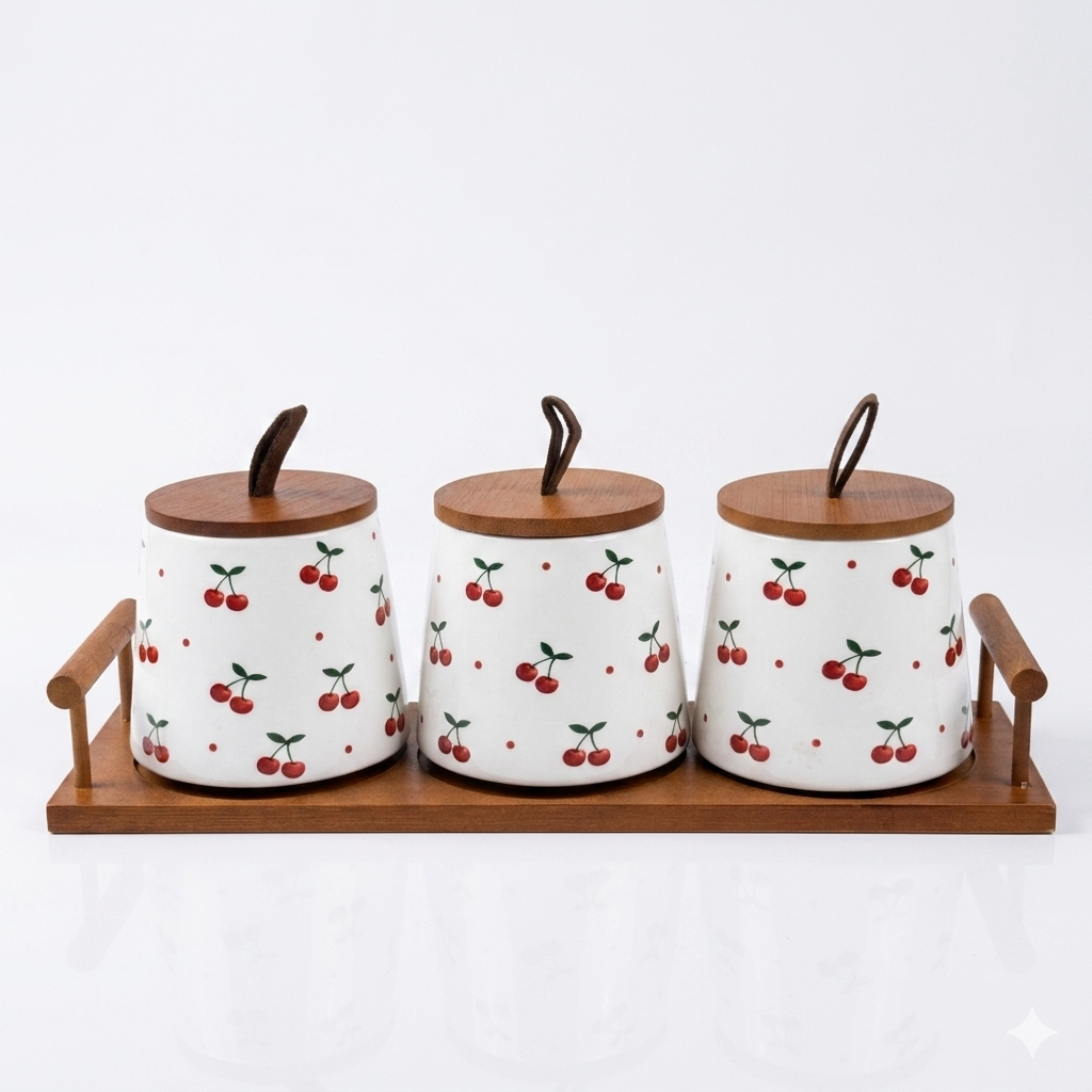Cherry Ceramic Canister Set with Wooden Tray