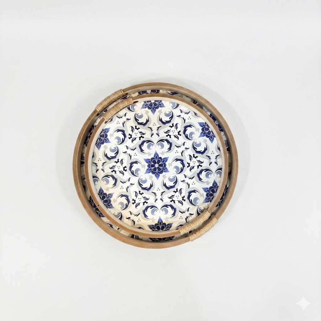 Round Wood Blue Floral Tray Set with Rope Handles