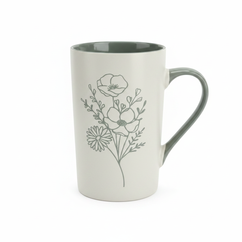 Sage Green Floral Ceramic Mug – White Background