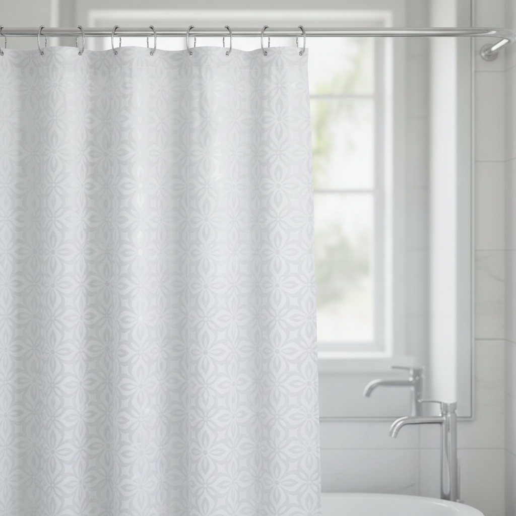 Shower Curtain Geometric Pattern on Rod with Mirror Background