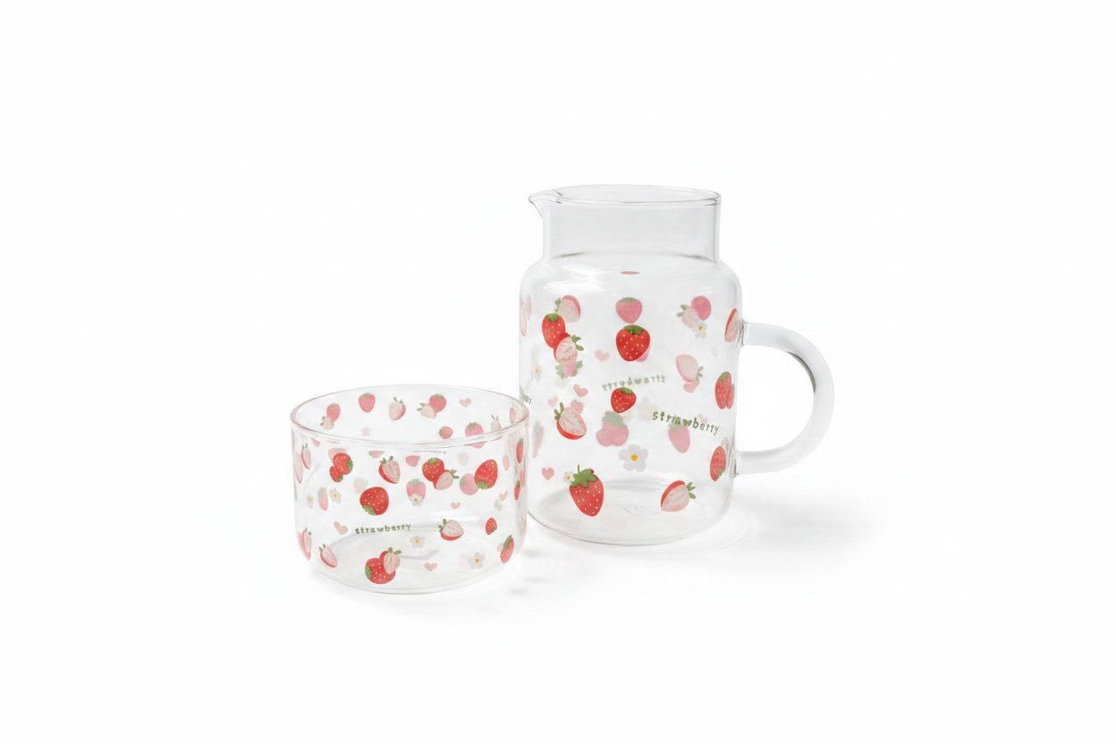 Strawberry Glass Pitcher & Bowl Set