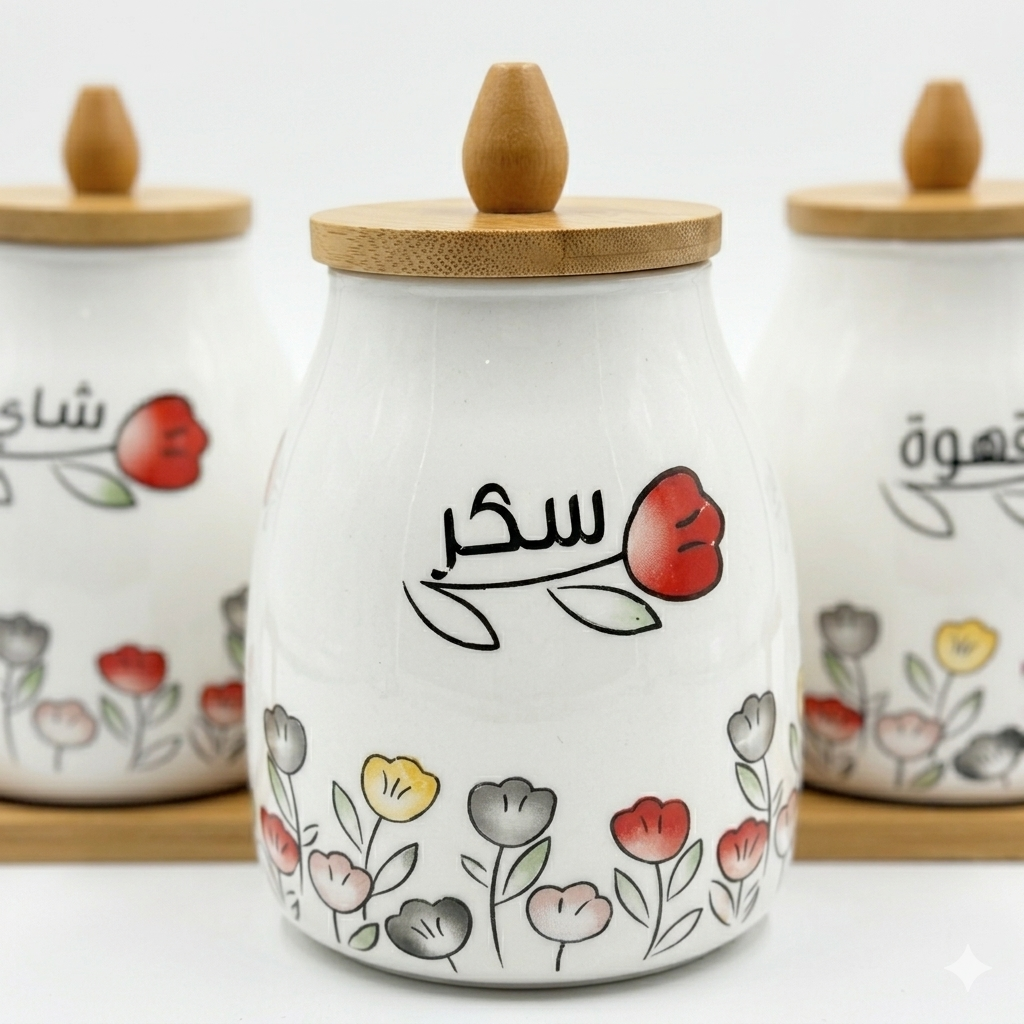 Arabic Floral Ceramic Canister Set with Wooden Tray
