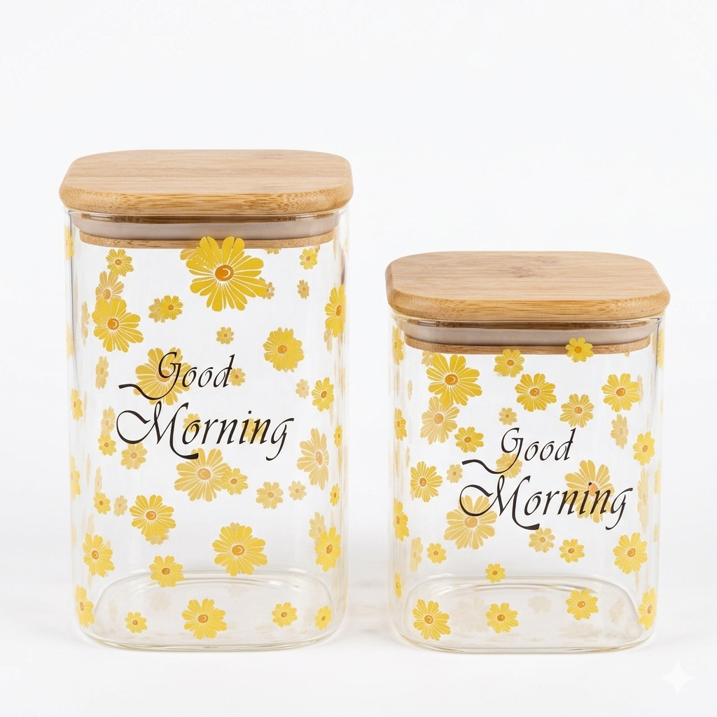 Good Morning Square Glass Storage Jar