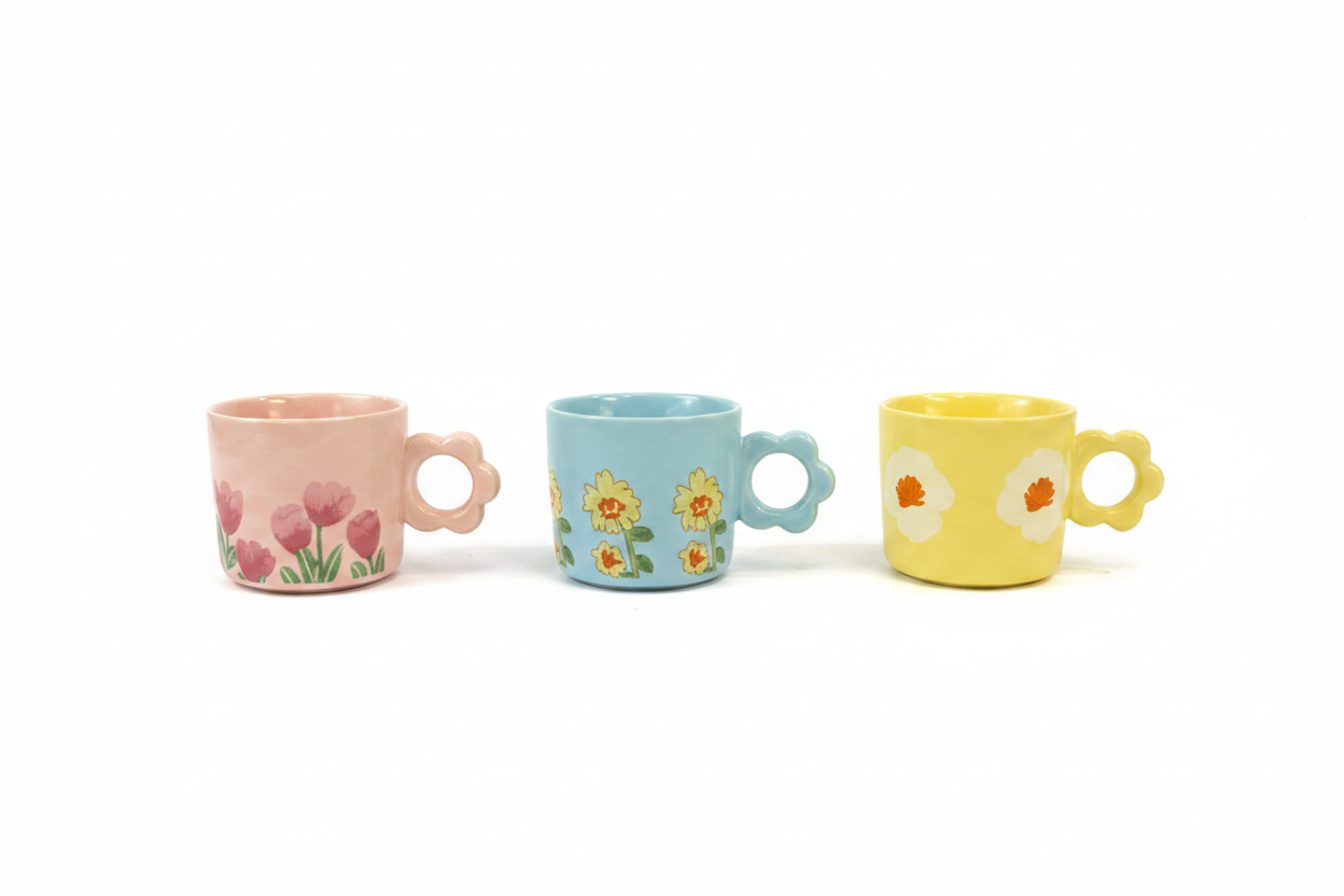 Three Colorful Floral Ceramic Mugs