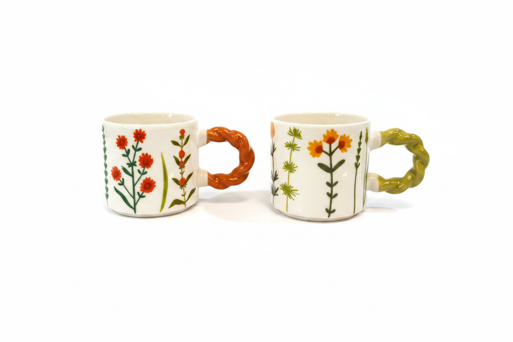 Two Floral Ceramic Mugs White Background