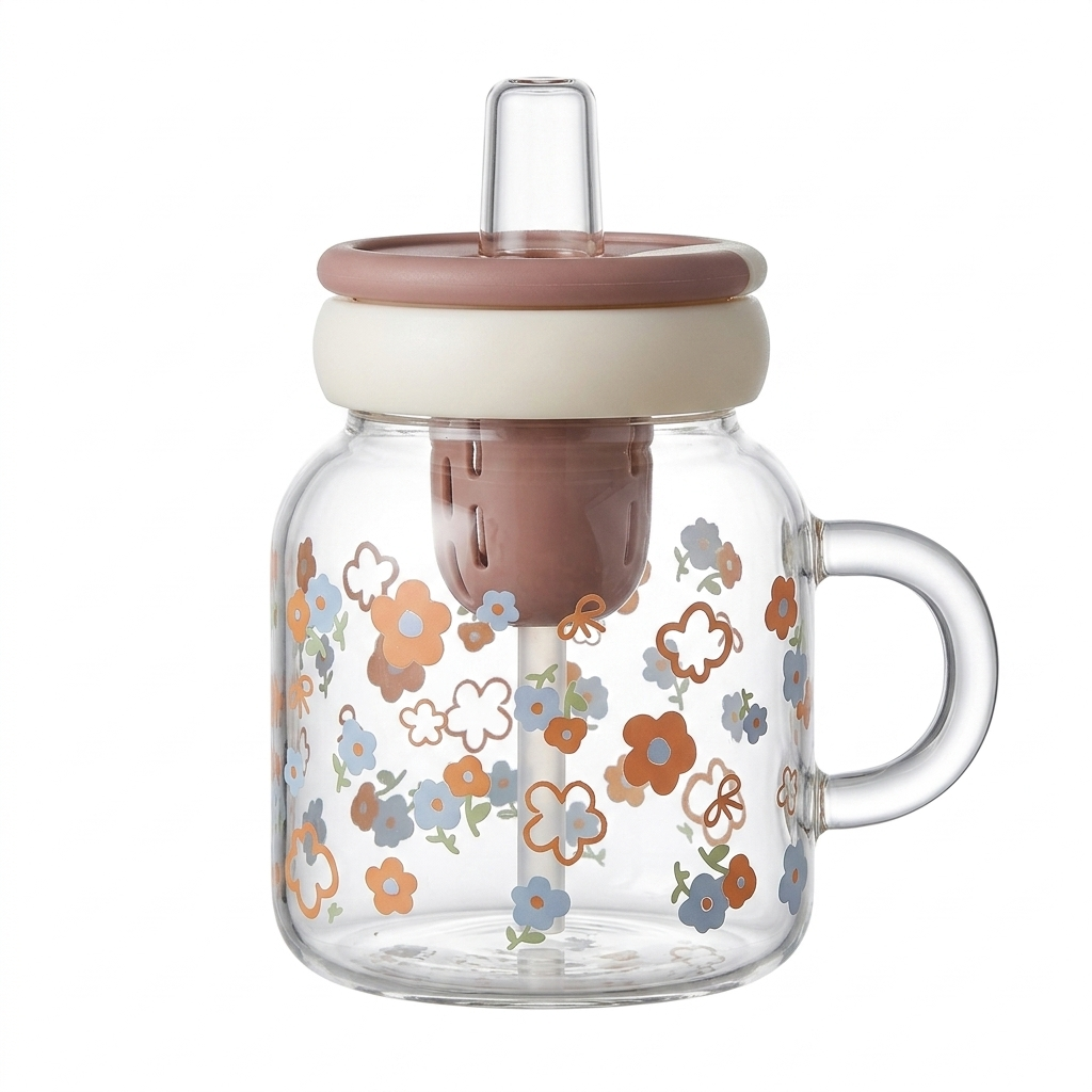 Floral Glass Mug with Straw & Lid