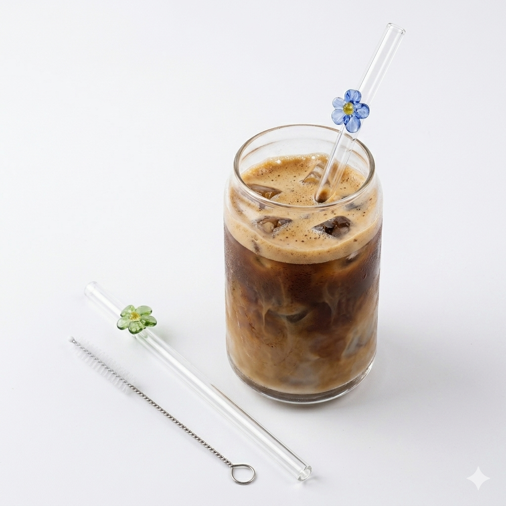 Floral Glass Straws Set 4-Piece with Cleaning Brush
