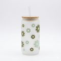 Frosted Daisy Glass Can with Bamboo Lid & Straw 500ml