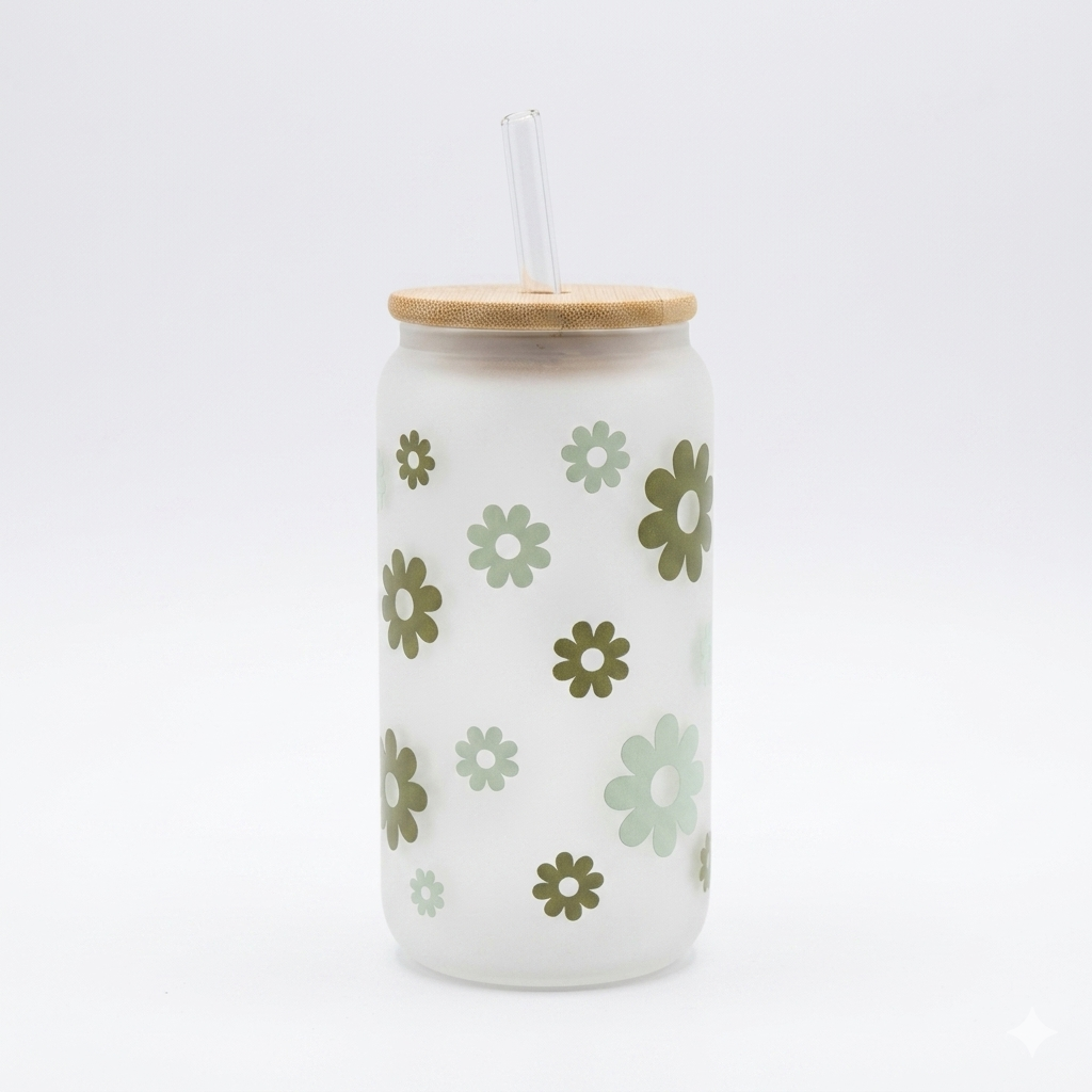 Frosted Daisy Glass Can with Bamboo Lid & Straw 500ml