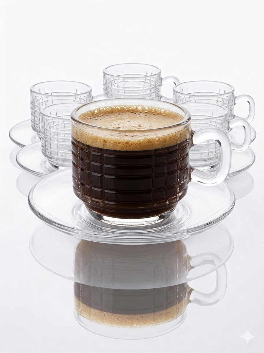 Crystal Glass Tea Cup Set with Saucer – 6 Pieces