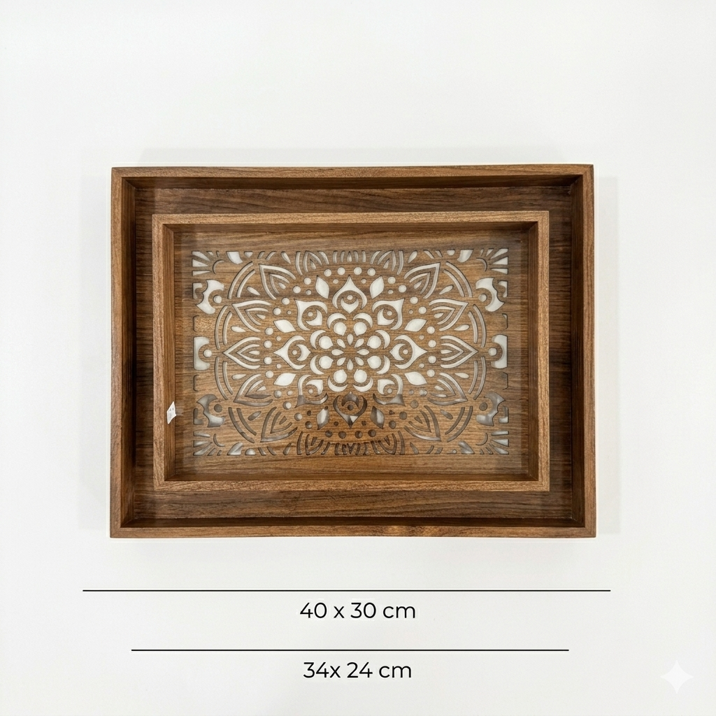 Wood & Glass Mandala Tray Set