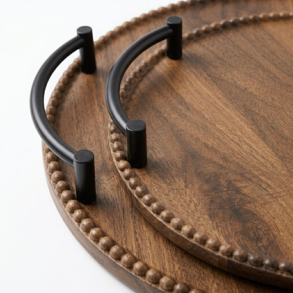 Round Dark Wood Beaded Tray Set with Black Metal Handles