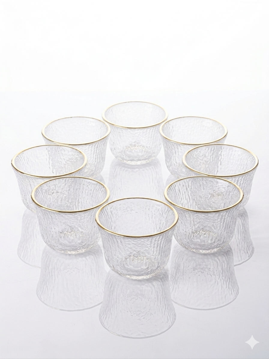 Glass Espresso Cups Set - 8 Pieces with Gold Rim